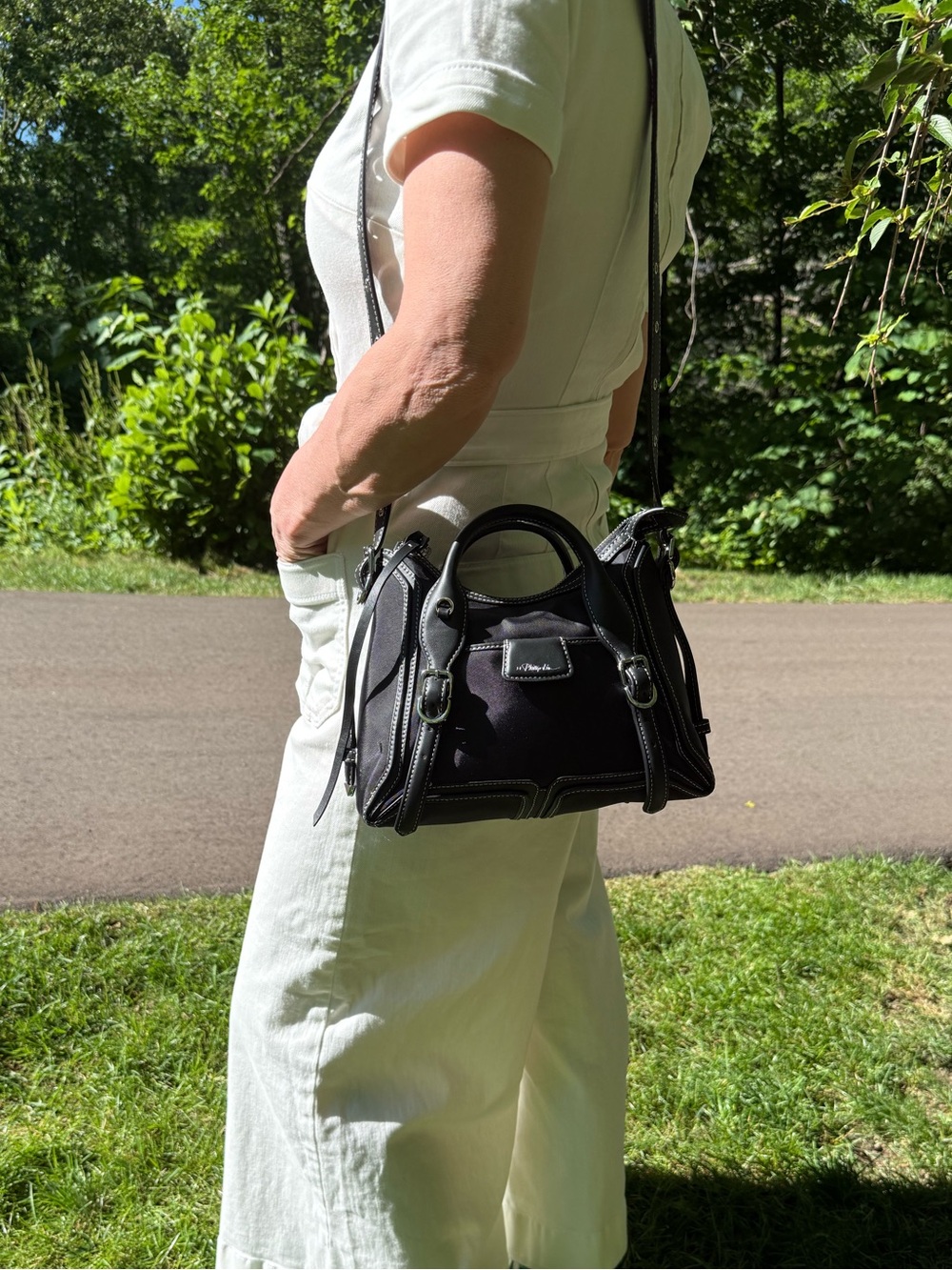 3.1 Phillip Lim Pashli Moto Nylon Satchel in black with silver-tone hardware